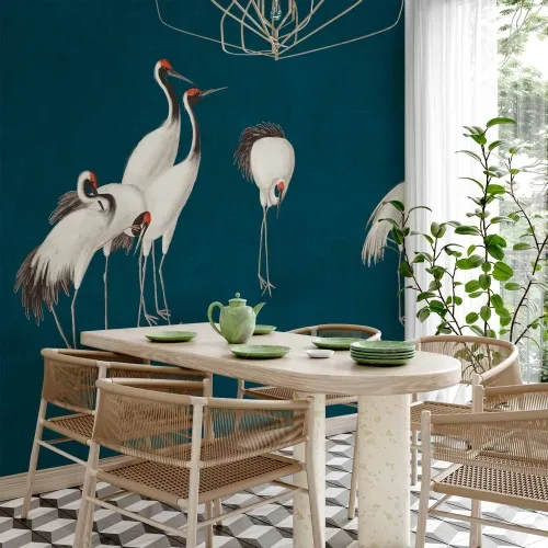 Foto tapeta - Evening by the pond - a group of cranes drawn in dry pastel on a dark turquoise background 300x210 Vodootporna Cijena