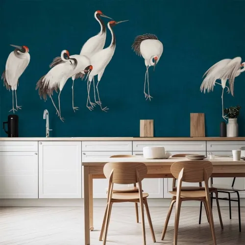 Foto tapeta - Evening by the pond - a group of cranes drawn in dry pastel on a dark turquoise background 150x105 Vodootporna Cijena