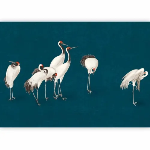 Foto tapeta - Evening by the pond - a group of cranes drawn in dry pastel on a dark turquoise background 490x350 Samoljepljiva Cijena