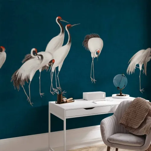 Foto tapeta - Evening by the pond - a group of cranes drawn in dry pastel on a dark turquoise background 490x350 Samoljepljiva Cijena