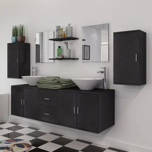 9-dijelni Crni Komplet Namještaja za Kupaonu sa Lavabo - Umivaonikom - Crna 150 x 45 x 45 cm 9 Cijena