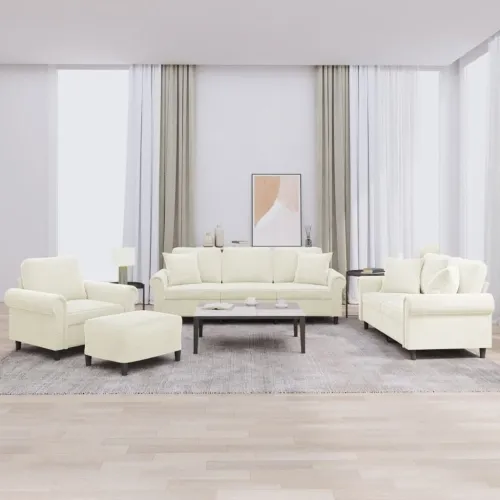4-dijelni set sofa s jastucima, krem baršun - Krema s jastucima i tabureom Cijena