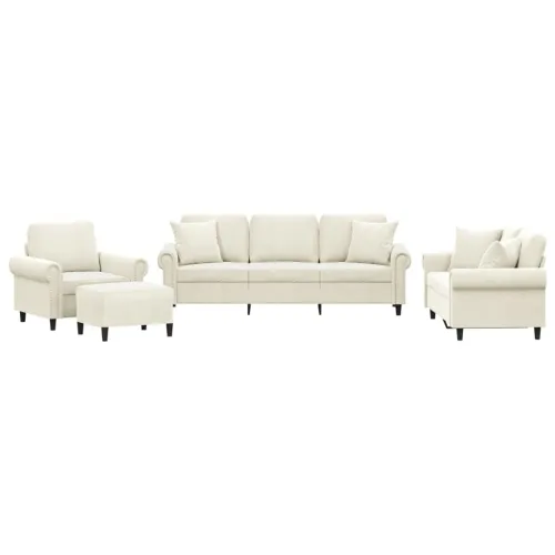 4-dijelni set sofa s jastucima, krem baršun - Krema s jastucima i tabureom Cijena