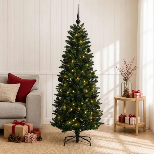 Umjetno božićno drvce s kuglicama 120 cm 150 LED lampica - 120 cm s LED-ima i crnim lopticama Zelena Cijena