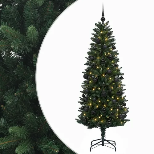 Umjetno božićno drvce s kuglicama 120 cm 150 LED lampica - 120 cm s LED-ima i crnim lopticama Zelena Cijena