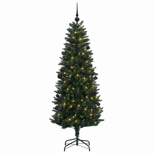 Umjetno božićno drvce s kuglicama 120 cm 150 LED lampica - 120 cm s LED-ima i crnim lopticama Zelena Cijena