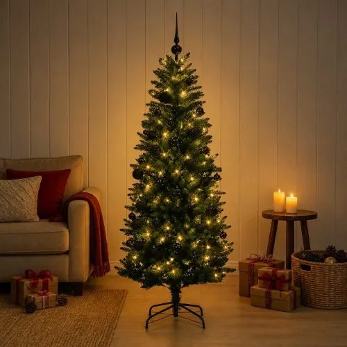Umjetno božićno drvce s kuglicama 150 cm 150 LED lampica - 150 cm s LED-ima i crnim lopticama Zelena Cijena
