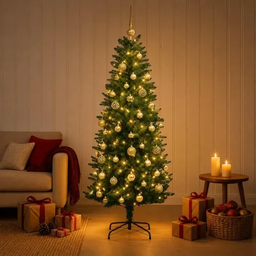 Umjetno božićno drvce s kuglicama 150 cm 150 LED lampica - 150 cm s LED-ima i zlatnim/bronzanim kuglicama Zelena Cijena
