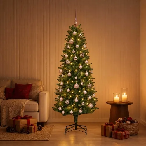 Umjetno božićno drvce s kuglicama 120 cm 150 LED lampica - 120 cm s LED-ima i ružičastim lopticama Zelena Cijena