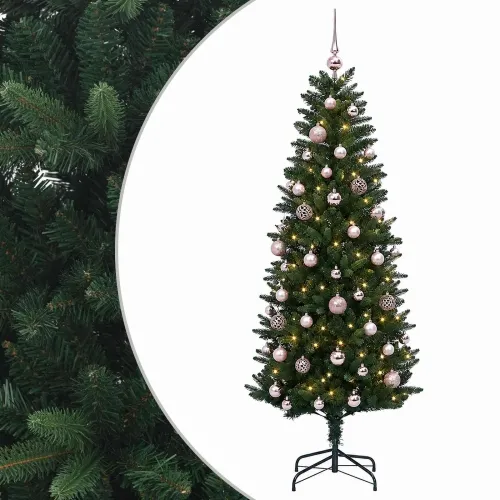 Umjetno božićno drvce s kuglicama 120 cm 150 LED lampica - 120 cm s LED-ima i ružičastim lopticama Zelena Cijena