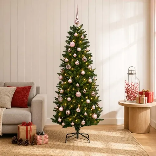Umjetno božićno drvce s kuglicama 120 cm 150 LED lampica - 120 cm s LED-ima i ružičastim lopticama Zelena Cijena