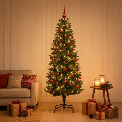 Umjetno božićno drvce s kuglicama 120 cm 150 LED lampica - 120 cm s LED-ima i crvenim lopticama Zelena Cijena
