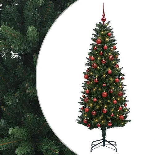 Umjetno božićno drvce s kuglicama 120 cm 150 LED lampica - 120 cm s LED-ima i crvenim lopticama Zelena Cijena