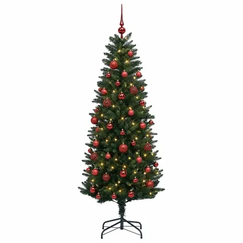 Umjetno božićno drvce s kuglicama 120 cm 150 LED lampica - 120 cm s LED-ima i crvenim lopticama Zelena Cijena