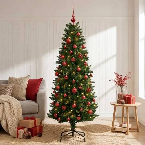 Umjetno božićno drvce s kuglicama 150 cm 150 LED lampica - 150 cm s LED-ima i crvenim lopticama Zelena Cijena