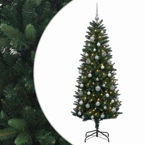 Umjetno božićno drvce s kuglicama 120 cm 150 LED lampica - 120 cm s LED-ima i srebrnim lopticama Zelena Cijena