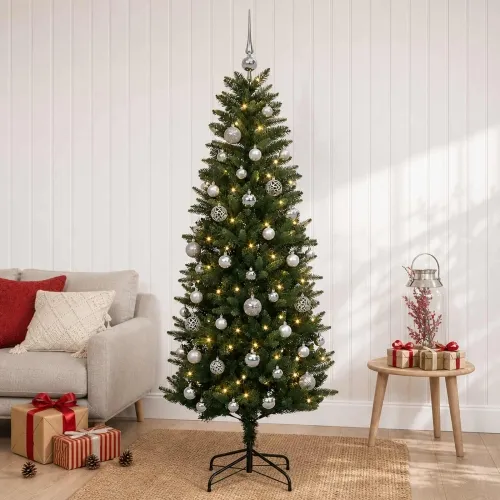 Umjetno božićno drvce s kuglicama 120 cm 150 LED lampica - 120 cm s LED-ima i srebrnim lopticama Zelena Cijena