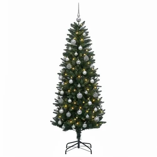 Umjetno božićno drvce s kuglicama 120 cm 150 LED lampica - 120 cm s LED-ima i srebrnim lopticama Zelena Cijena