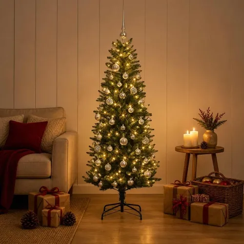 Umjetno božićno drvce s kuglicama 150 cm 150 LED lampica - 150 cm s LED-ima i srebrnim lopticama Zelena Cijena
