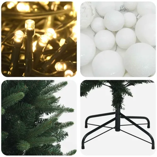 Umjetno božićno drvce s kuglicama 120 cm 150 LED lampica - 120 cm s LED žaruljama i bijelim kuglicama Zelena Cijena