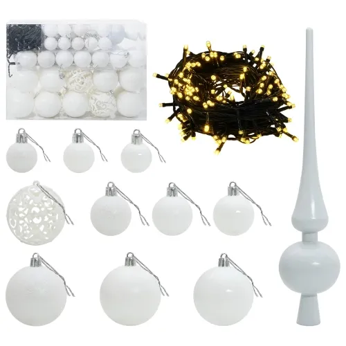 Umjetno božićno drvce s kuglicama 150 cm 150 LED lampica - 150 cm s LED žaruljama i bijelim kuglicama Zelena Cijena