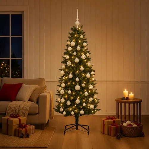 Umjetno božićno drvce s kuglicama 150 cm 150 LED lampica - 150 cm s LED žaruljama i bijelim kuglicama Zelena Cijena