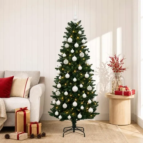 Umjetno božićno drvce s kuglicama 150 cm 150 LED lampica - 150 cm s LED žaruljama i bijelim kuglicama Zelena Cijena