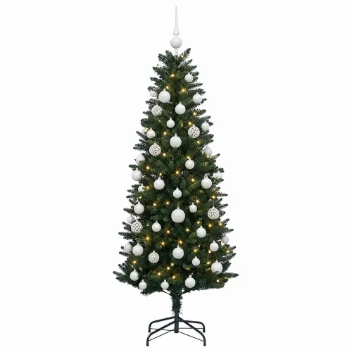 Umjetno božićno drvce s kuglicama 150 cm 150 LED lampica - 150 cm s LED žaruljama i bijelim kuglicama Zelena Cijena