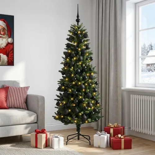 Umjetno božićno drvce s kuglicama 180 cm 300 LED lampica - 180 cm s LED-ima i crnim lopticama Zelena Cijena