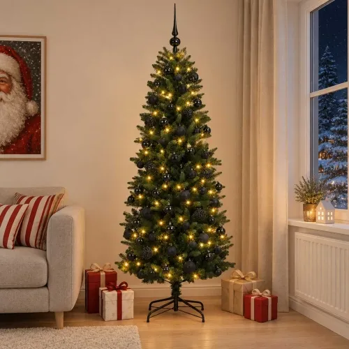 Umjetno božićno drvce s kuglicama 180 cm 300 LED lampica - 180 cm s LED-ima i crnim lopticama Zelena Cijena