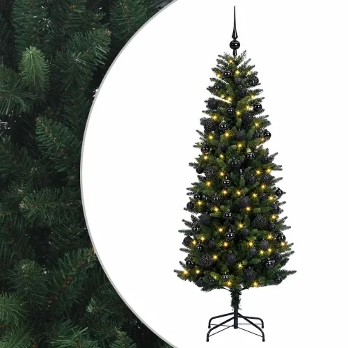 Umjetno božićno drvce s kuglicama 180 cm 300 LED lampica - 180 cm s LED-ima i crnim lopticama Zelena Cijena