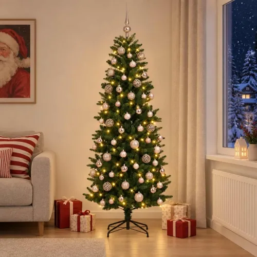 Umjetno božićno drvce s kuglicama 210 cm 300 LED lampica - 210 cm s LED-ima i ružičastim lopticama Zelena Cijena