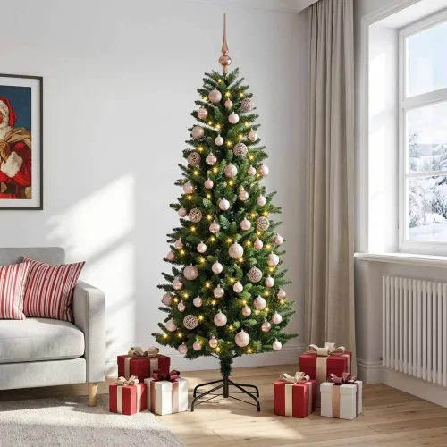 Umjetno božićno drvce s kuglicama 210 cm 300 LED lampica - 210 cm s LED-ima i ružičastim lopticama Zelena Cijena
