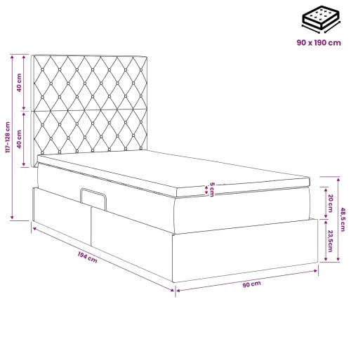 Krevet s madracem i skladištem Crna 90 x 190 cm Baršun - Crna 90 x 190 cm Kristal s dugmadima Cijena