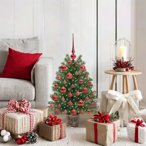 Umjetno božićno drvce s 150 LED svjetlima Zelena 75 cm PE i PVC - 75 cm s LED-ima i crvenim kuglicama Cijena