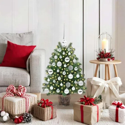 Umjetno božićno drvce s 150 LED svjetlima Zelena 75 cm PE i PVC - 75 cm s LED-ima i srebrnim kuglicama Cijena