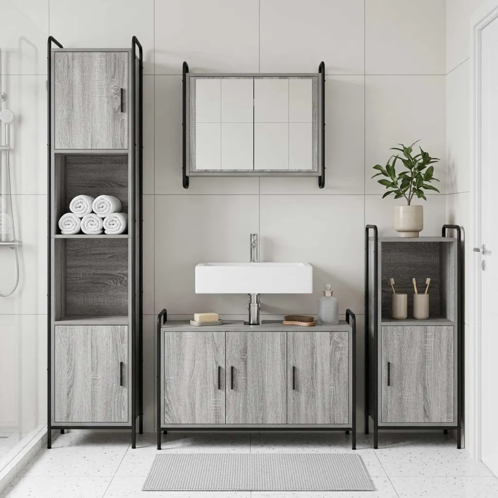 Set ormarića za kupaonicu 2 kom. Siva Sonoma 65 5 x 34 x 61 cm - Siva Sonoma Ormar s umivaonikom (3 vrata) + viseći ormar
