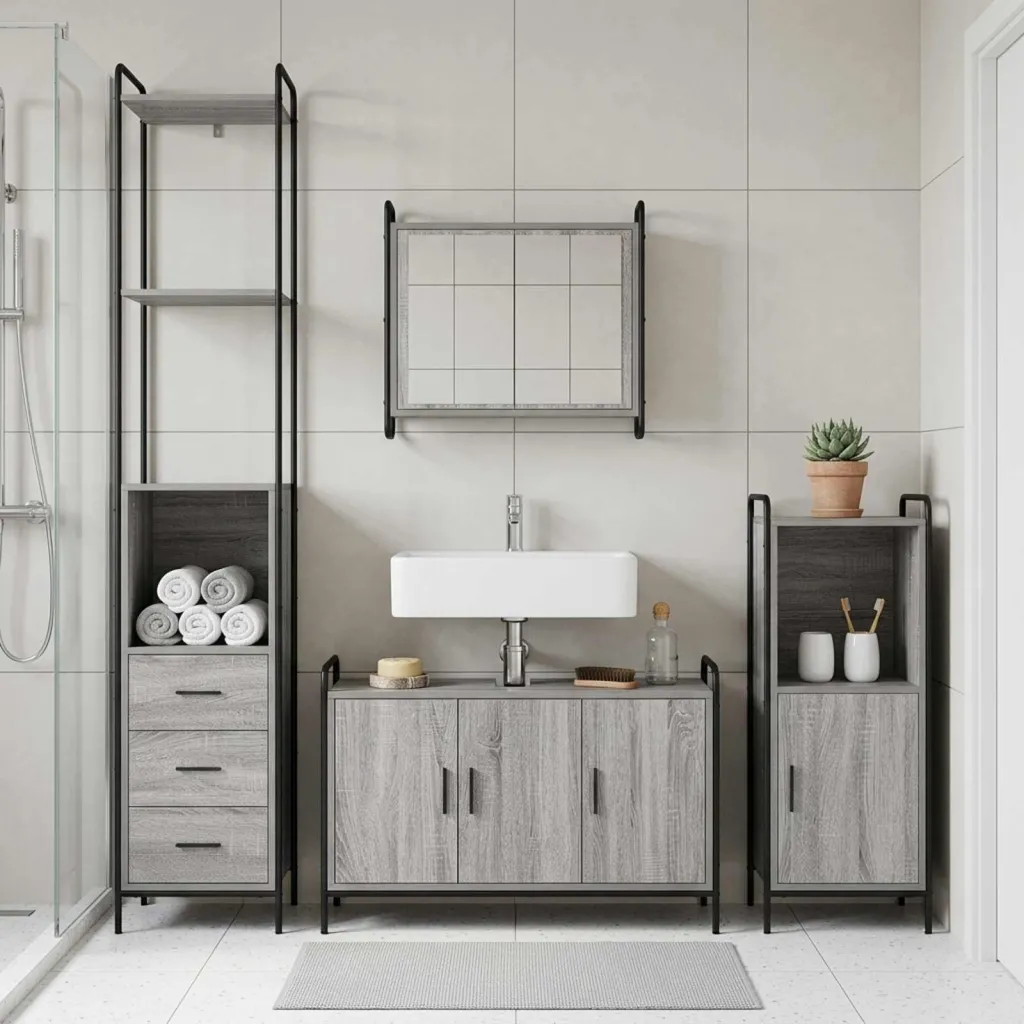 Set ormarića za kupaonicu 3 kom. Siva Sonoma 40 x 36 x 181 cm - Siva Sonoma Ormarić ispod sudopera (3 vrata) + viseći ormarić +