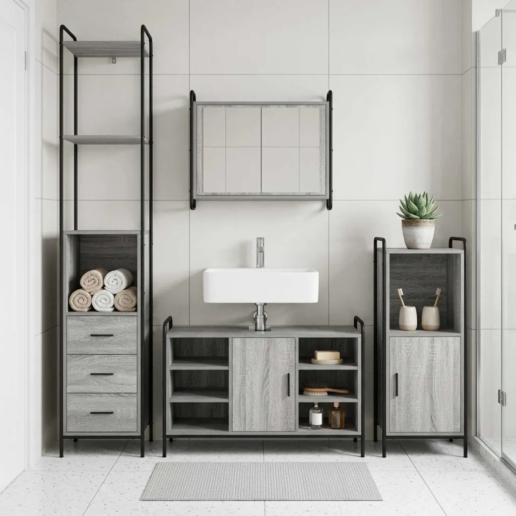 Set ormarića za kupaonicu 3 kom. Siva Sonoma 40 x 36 x 181 cm - Siva Sonoma Ormar ispod sudopera (1 vrata i 2 police) + viseći o