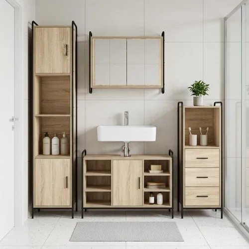 Set ormarića za kupaonicu 4 kom. Hrast sonoma 40 x 36 x 181 cm - Hrast sonoma Ormar ispod sudopera (1 vrata i 2 police) + viseći Cijena