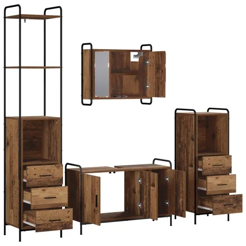 Set ormarića za kupaonicu 4 kom. Staro drvo 40 x 36 x 200,5 cm - Staro drvo Ormar ispod sudopera (3 vrata) + viseći ormar + kupa Cijena
