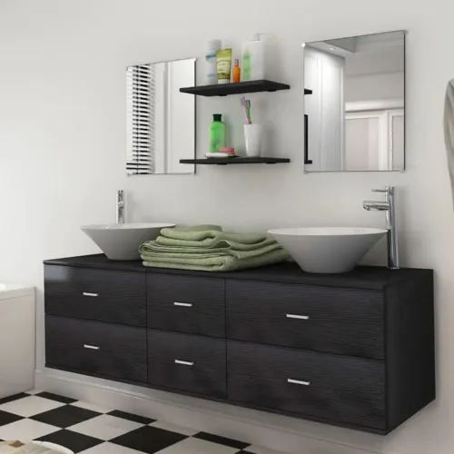 9-dijelni set kupaonskog namještaja, Lavabo - Umivaonika i slavine crni - Crna Model 3 1 Crna Cijena