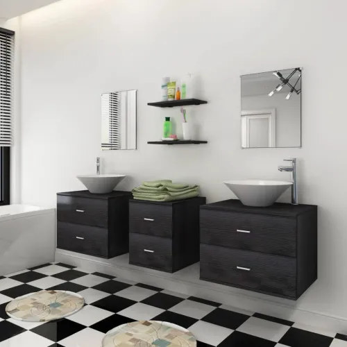 9-dijelni set kupaonskog namještaja, Lavabo - Umivaonika i slavine crni - Crna Model 3 Cijena