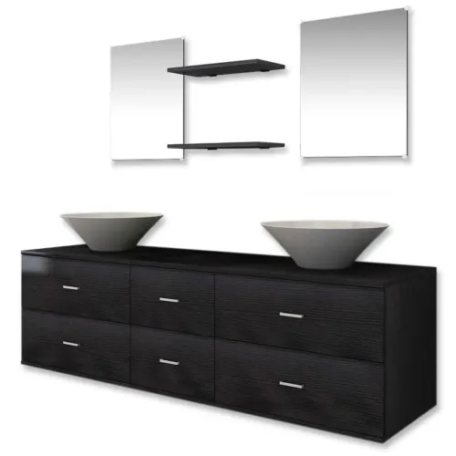 9-dijelni set kupaonskog namještaja, Lavabo - Umivaonika i slavine crni - Crna Model 3 Cijena