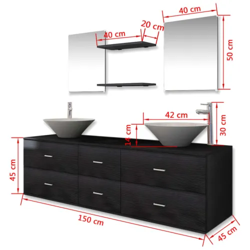 9-dijelni set kupaonskog namještaja, Lavabo - Umivaonika i slavine crni - Crna Model 3 Cijena