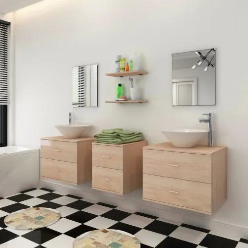 9-dijelni set kupaonskog namještaja, Lavabo - Umivaonika i slavine bež - Bež Model 3 Cijena