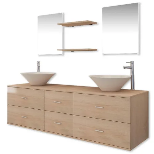 9-dijelni set kupaonskog namještaja, Lavabo - Umivaonika i slavine bež - Bež Model 3 Cijena