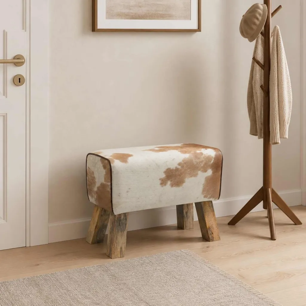 klupa 60 x 30 x 45 cm Prava koža Smeđa i bijela - Smeđa i bijela