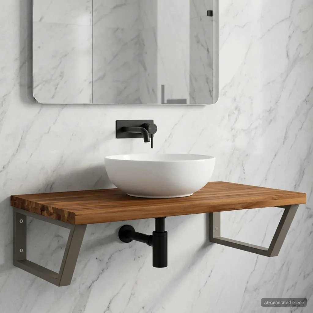 Polica za Lavabo - Umivaonik s prirodnim rubom montirana na zid - Prirodno kava 40 x 50 x 24 cm Četvrtasto