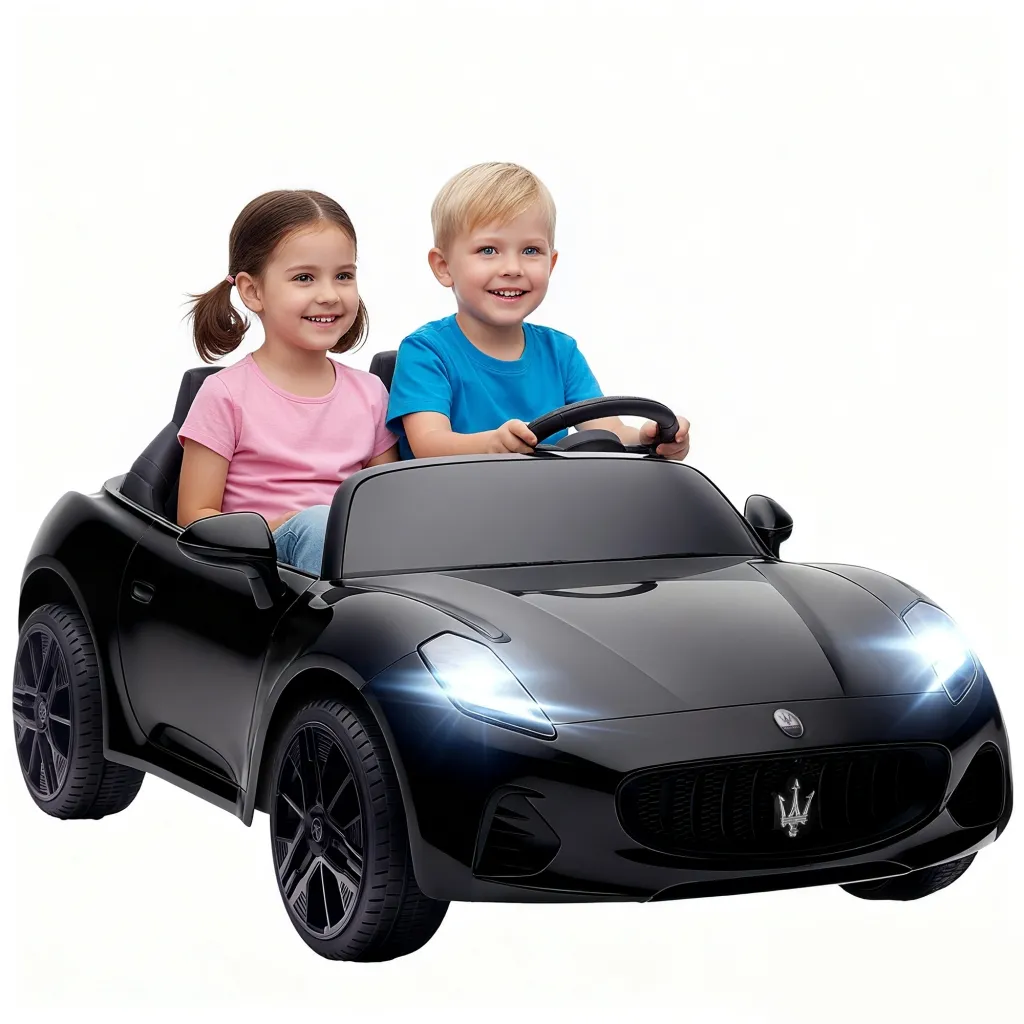 Maserati električni automobil za djecu 2 sjedala na baterije 12V daljinski upravljač LED svjetla glazbena funkcija crni